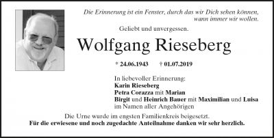 Wolfgang Rieseberg † 1. Juli 2019